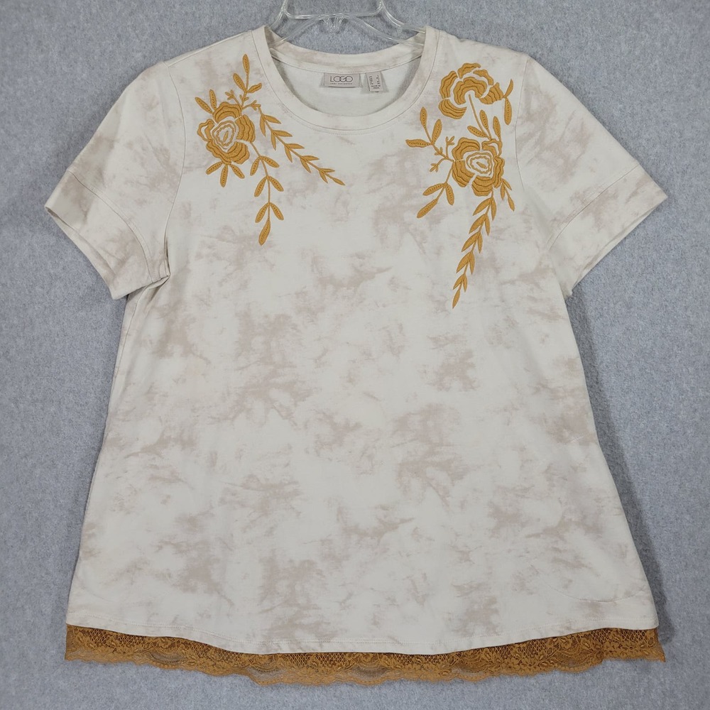 LOGO by Lori Goldstein Tie Dye French Terry Top Large Embroidered Lace Ruffle